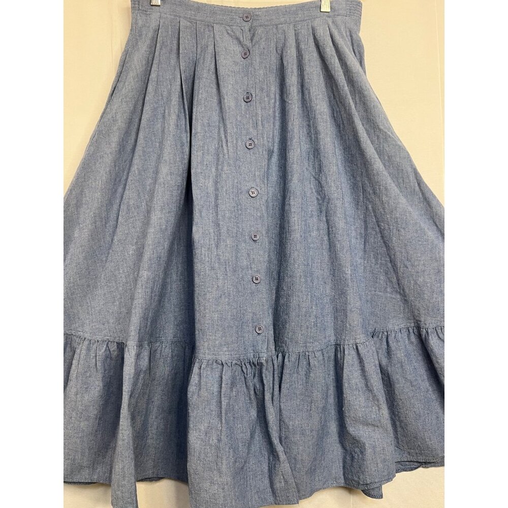 VTG Sunny South Blue Sz 10 Chambray Maxi Skirt Ruffle Hem Country Prairie USA